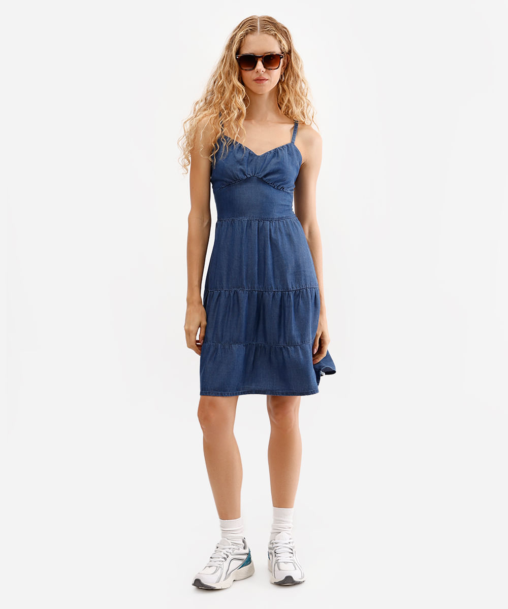 vestido curto feminino jeans com recortes azul