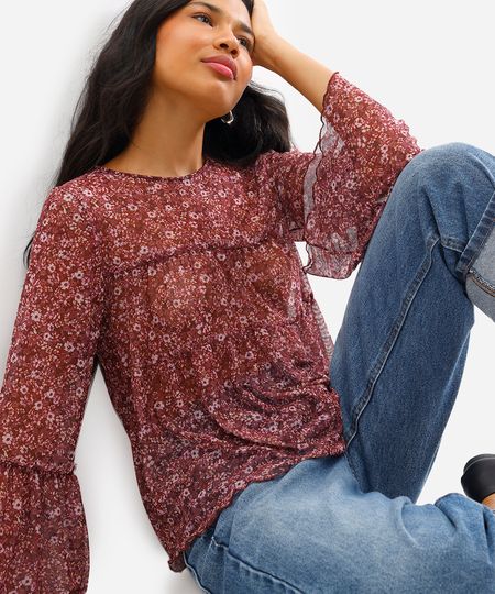 bata feminina de tule floral com franzidos - marrom escuro PP