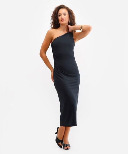 vestido midi feminino franzido ombro único preto GG vestido midi feminino franzido ombro único preto GG