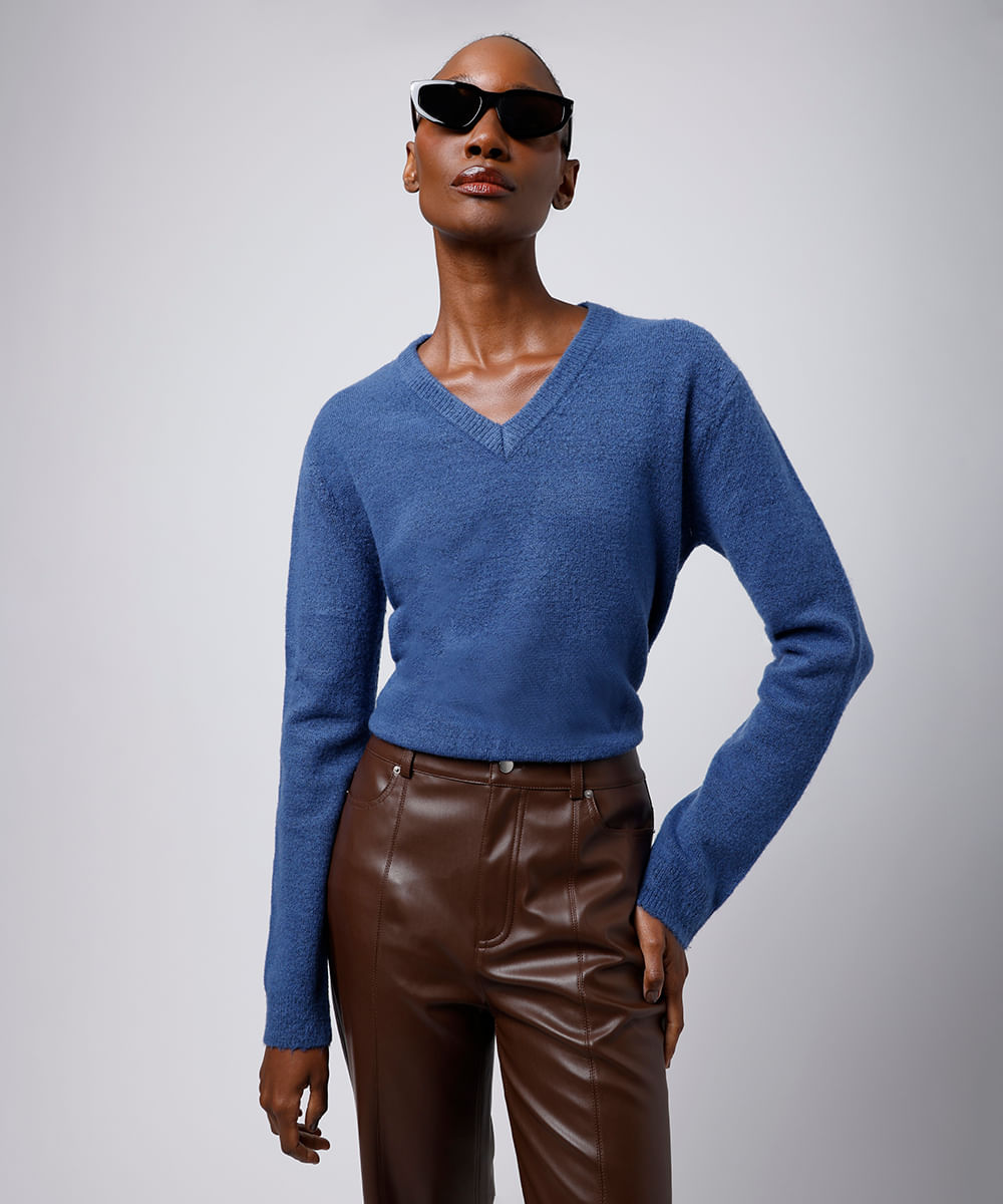 suéter feminino de tricot decote v mindset azul