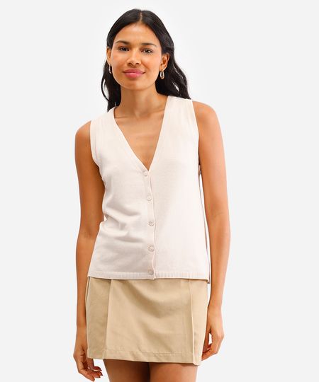 regata feminina de tricot decote v com botões bege P regata feminina de tricot decote v com botões bege P