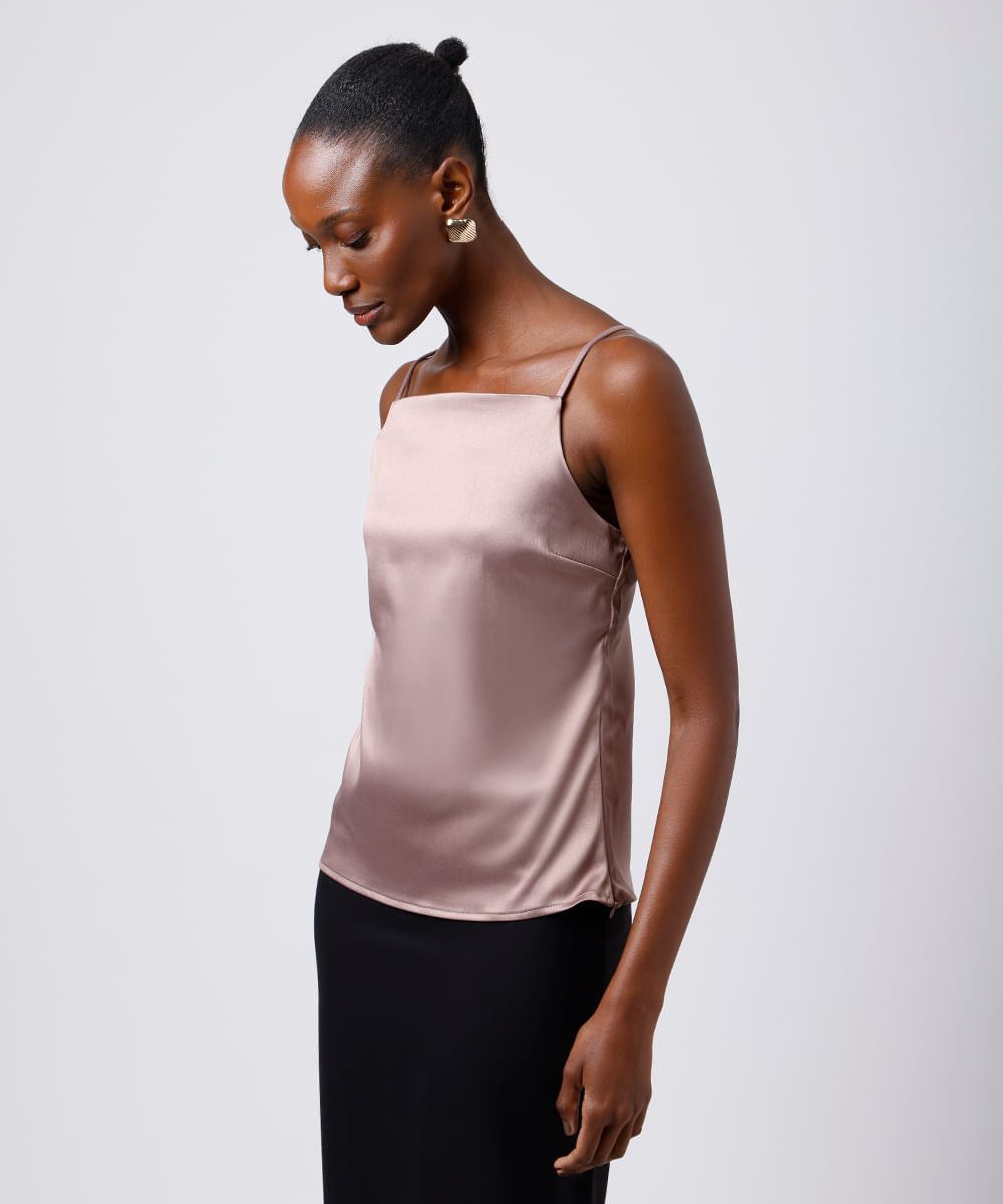 blusa feminina acetinada alça fina mindset marrom