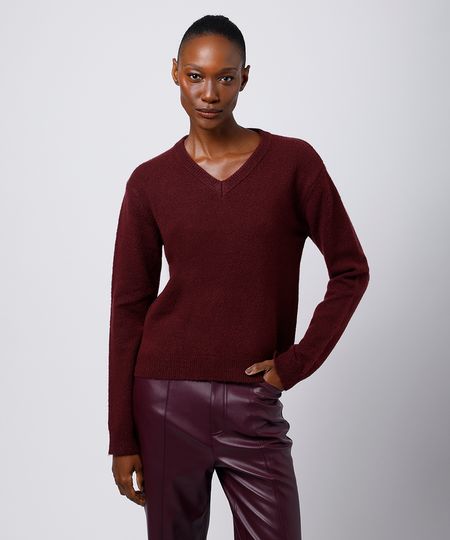 suéter feminino de tricot decote v mindset vinho G