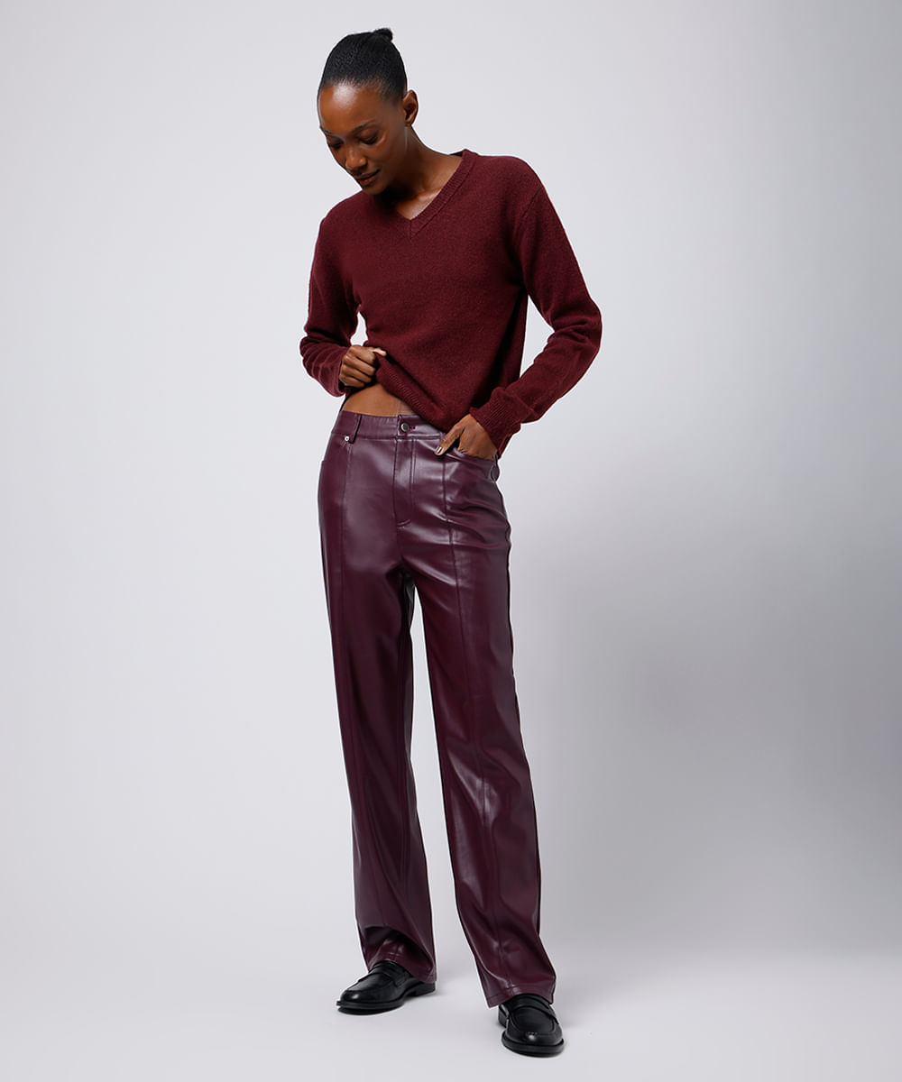 calça reta feminina de poliuretano mindset vinho