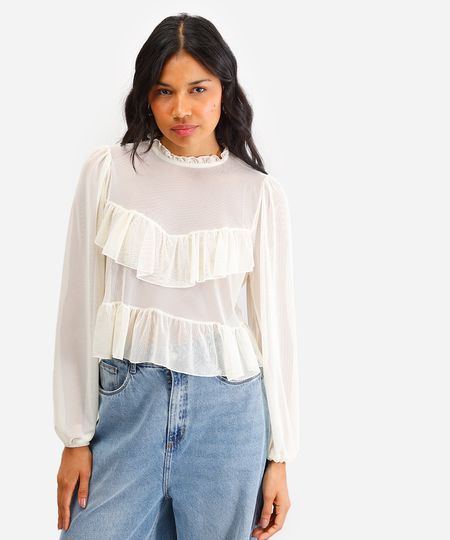 bata feminina de tule manga bufante com babados off white P