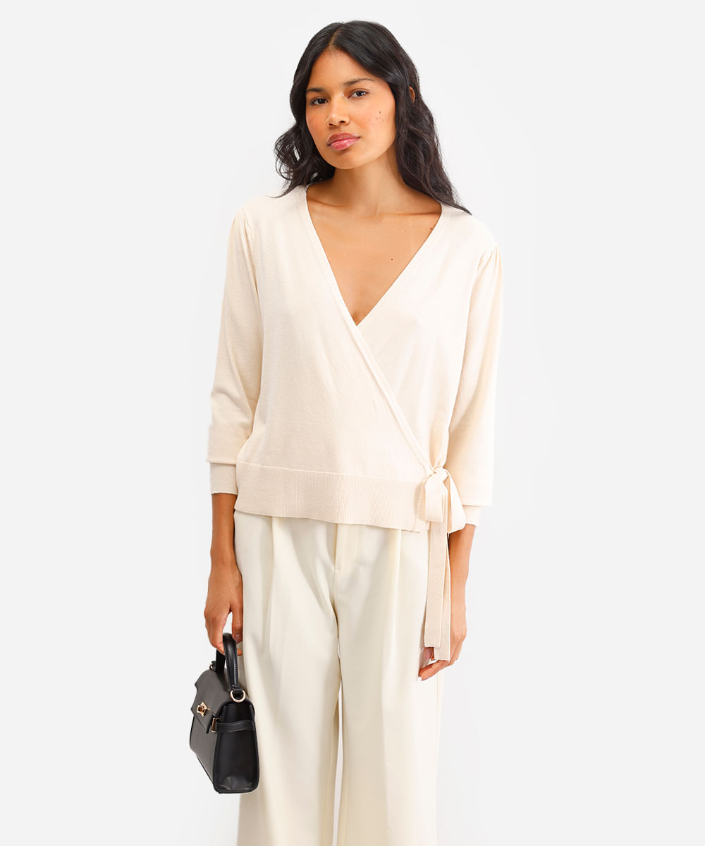 cardigan transpassado feminino de tricot bege