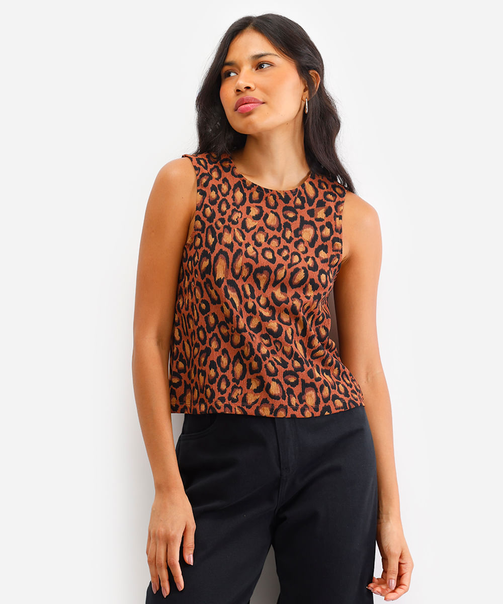 regata feminina animal print texturizada marrom