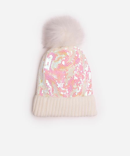 gorro infantil de paetê com pompom off white UNICO
