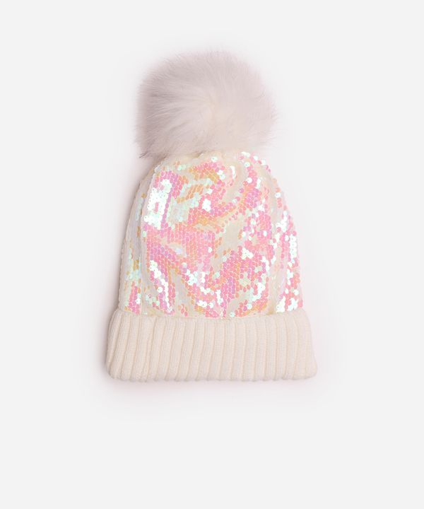 gorro infantil de paetê com pompom off white UNICO