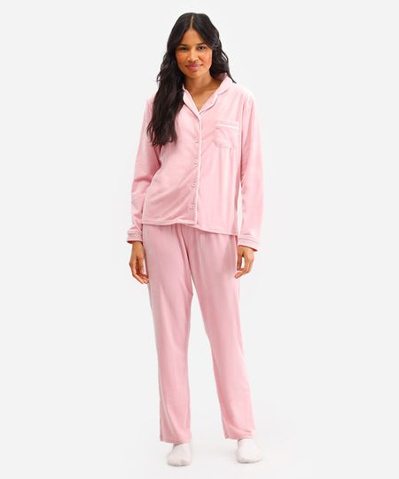 pijama americano longo de plush - rosa claro PP pijama americano longo de plush - rosa claro PP
