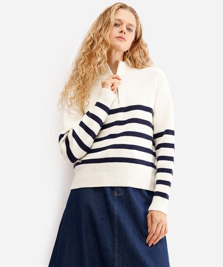 suéter feminino de tricot com zíper listrado off white P