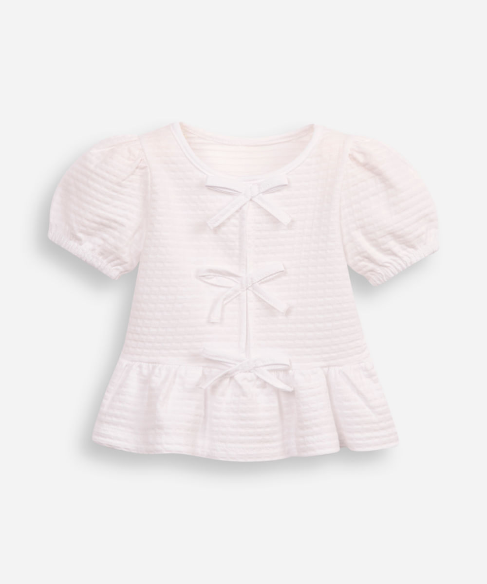 blusa de algodão infantil com lacinho texturizada off white