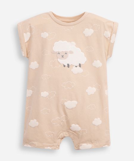 macacão curto de algodão infantil ovelhinha bege 0-3 macacão curto de algodão infantil ovelhinha bege 0-3