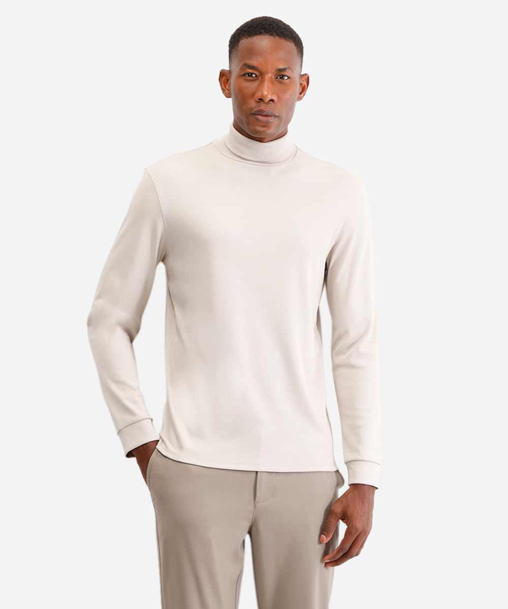 blusa slim manga longa gola alta - cinza claro