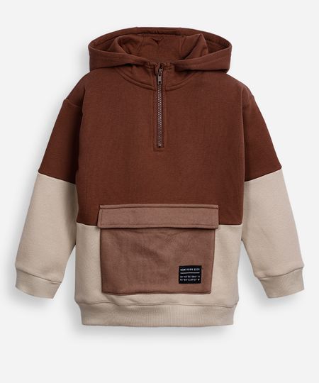 blusão infantil de moletom com capuz e bolso marrom 6
