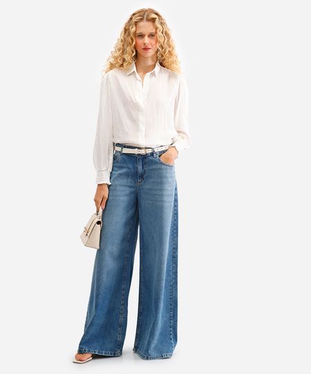 calça wide leg feminina jeans cintura alta azul 34