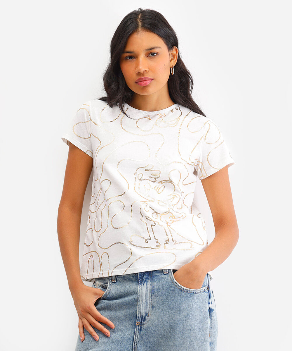 camiseta feminina de algodão mickey metalizado off white