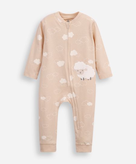 macacão longo de algodão infantil ovelhinha bege 12-18 macacão longo de algodão infantil ovelhinha bege 12-18