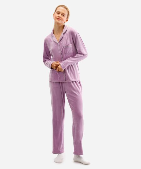 pijama americano longo de plush - lilás PP