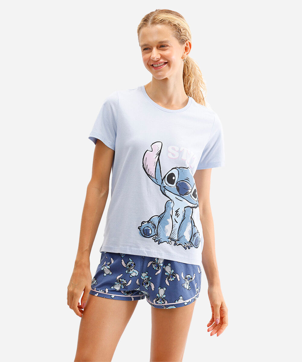 short doll feminino de algodão manga curta stitch azul