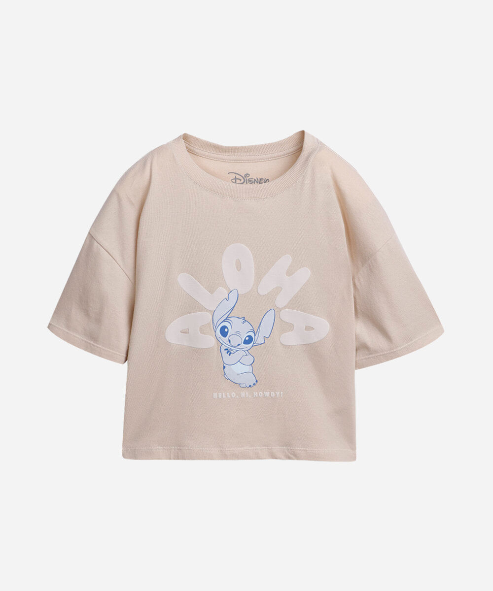 camiseta cropped infantil aloha stitch bege