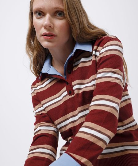 polo feminina de tricot manga longa listrada mindset vinho M polo feminina de tricot manga longa listrada mindset vinho M