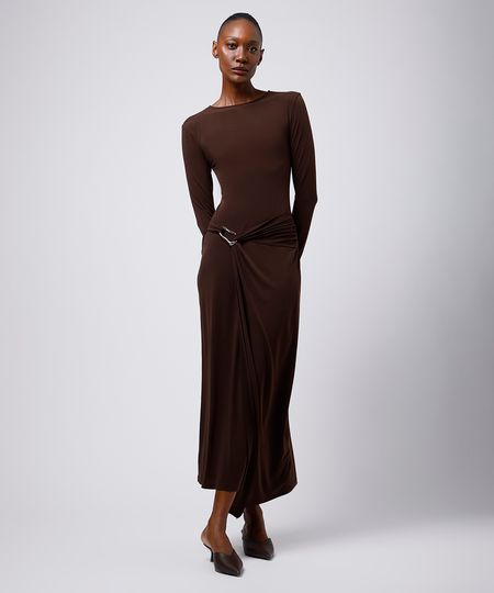 vestido midi feminino manga longa com fenda marrom PP