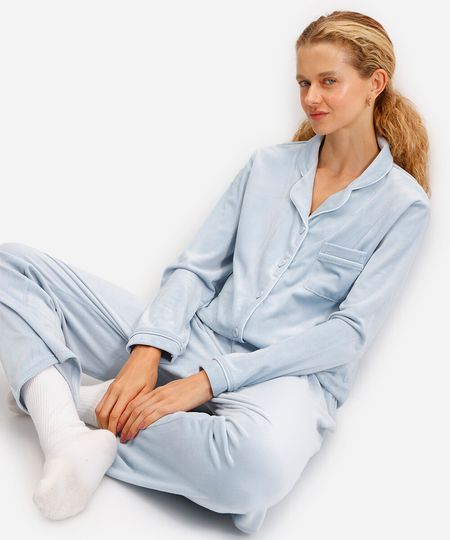 pijama americano longo de plush - azul claro PP