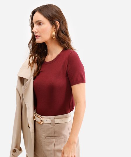 blusa de tricot manga curta - vinho P