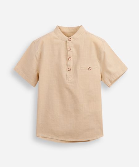 camisa infantil de algodão gola padre bege 4 camisa infantil de algodão gola padre bege 4