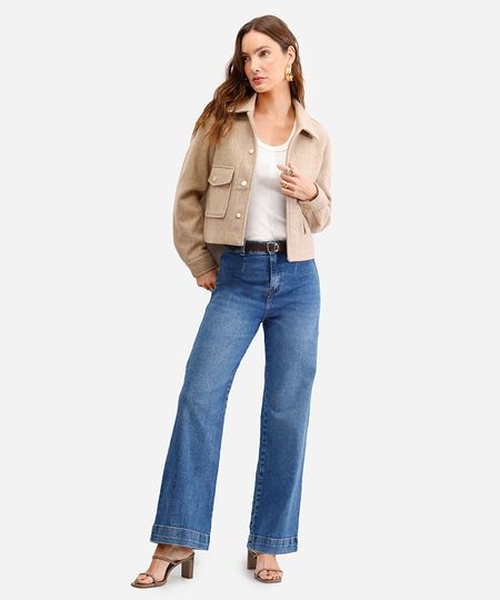 calça wide leg feminina jeans com cinto azul 34
