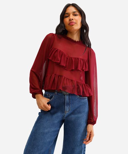 bata feminina de tule manga bufante com babados vinho G bata feminina de tule manga bufante com babados vinho G