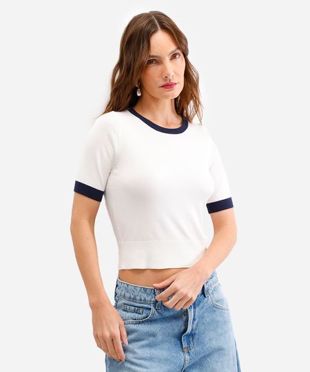 blusa feminina de tricot bicolor off white GG blusa feminina de tricot bicolor off white GG