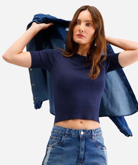 blusa cropped de tricot manga curta azul P