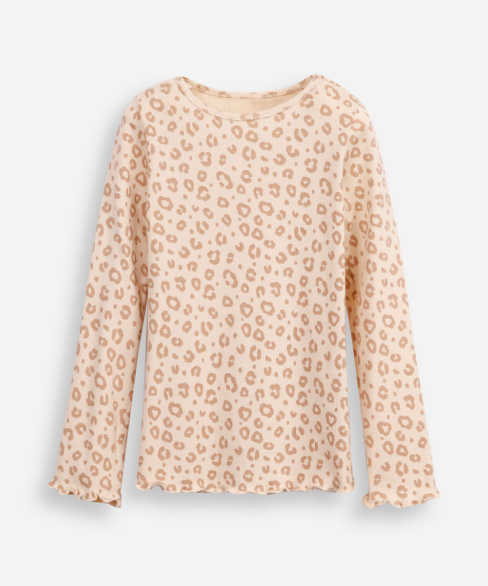 blusa de algodão infantil manga longa animal print bege