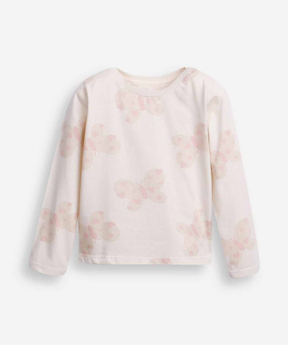 blusa de algodão infantil manga longa borboleta bege