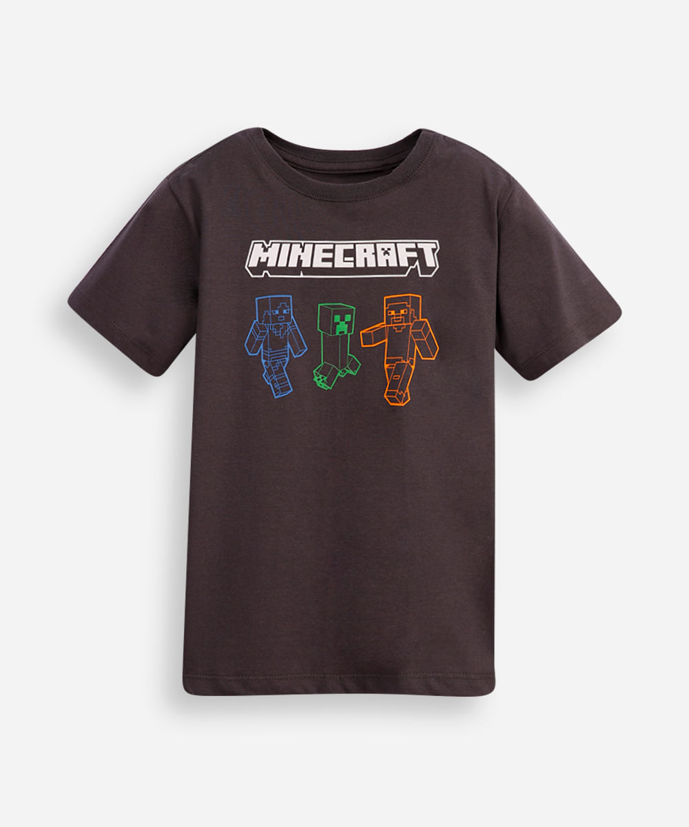 camiseta infantil minecraft de algodão manga curta cinza