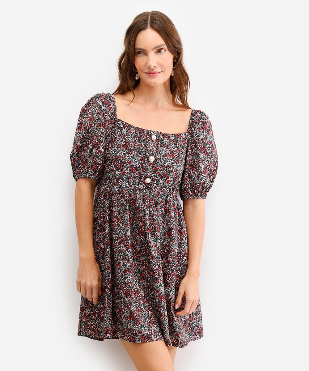 vestido curto feminino de algodão floral manga bufante verde