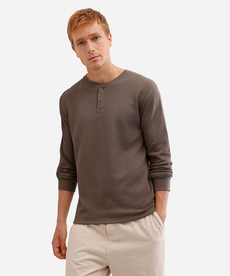 blusa básica masculina manga longa texturizada bege P blusa básica masculina manga longa texturizada bege P