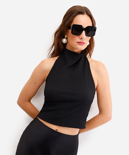blusa feminina halterneck texturizada preta P
