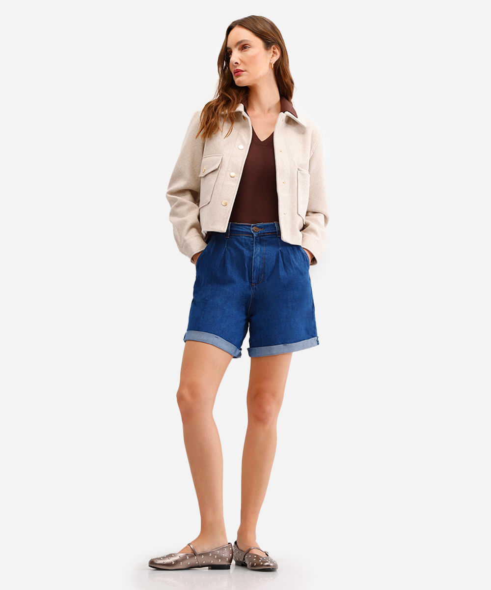 bermuda feminina jeans cós elástico - jeans escuro