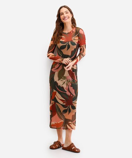 vestido midi feminino de tule manga longa folhagem verde PP