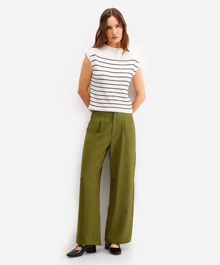 calça wide leg de viscose cintura alta - verde militar 34