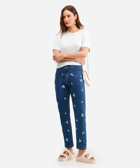 calça mom feminina jeans com bordado floral azul 38 calça mom feminina jeans com bordado floral azul 38