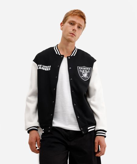 jaqueta college masculina de moletom raiders preta PP