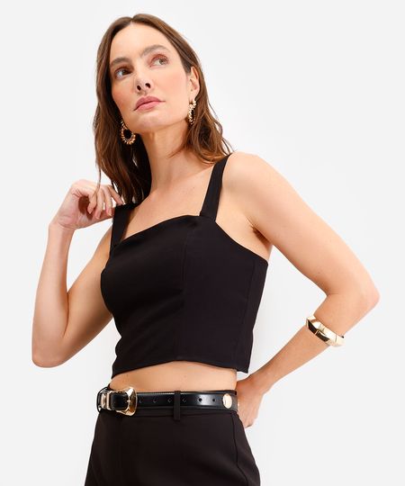 cropped feminino de viscose decote quadrado preto PP cropped feminino de viscose decote quadrado preto PP