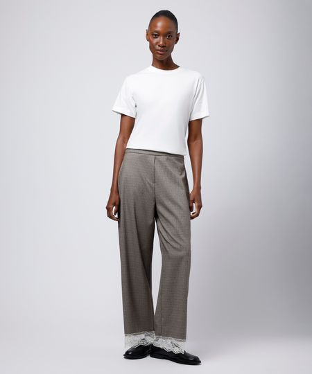 calça reta cropped feminina xadrez com renda mindset bege 38