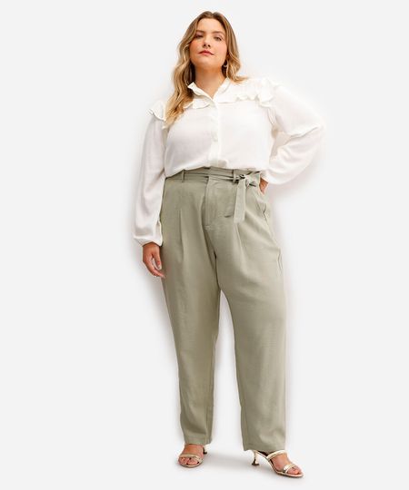 calça alfaiataria plus size de viscose com amarração verde 48