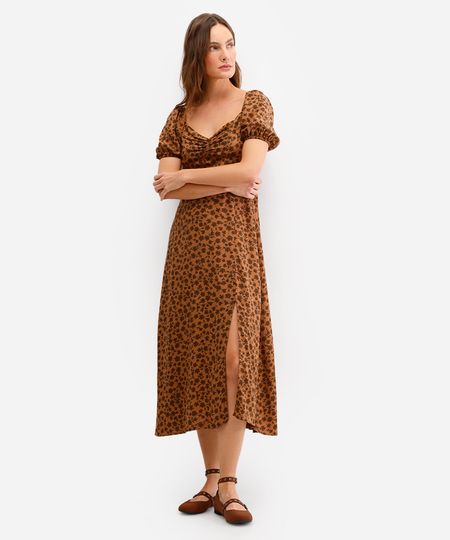 vestido midi feminino de viscose manga bufante floral marrom G vestido midi feminino de viscose manga bufante floral marrom G