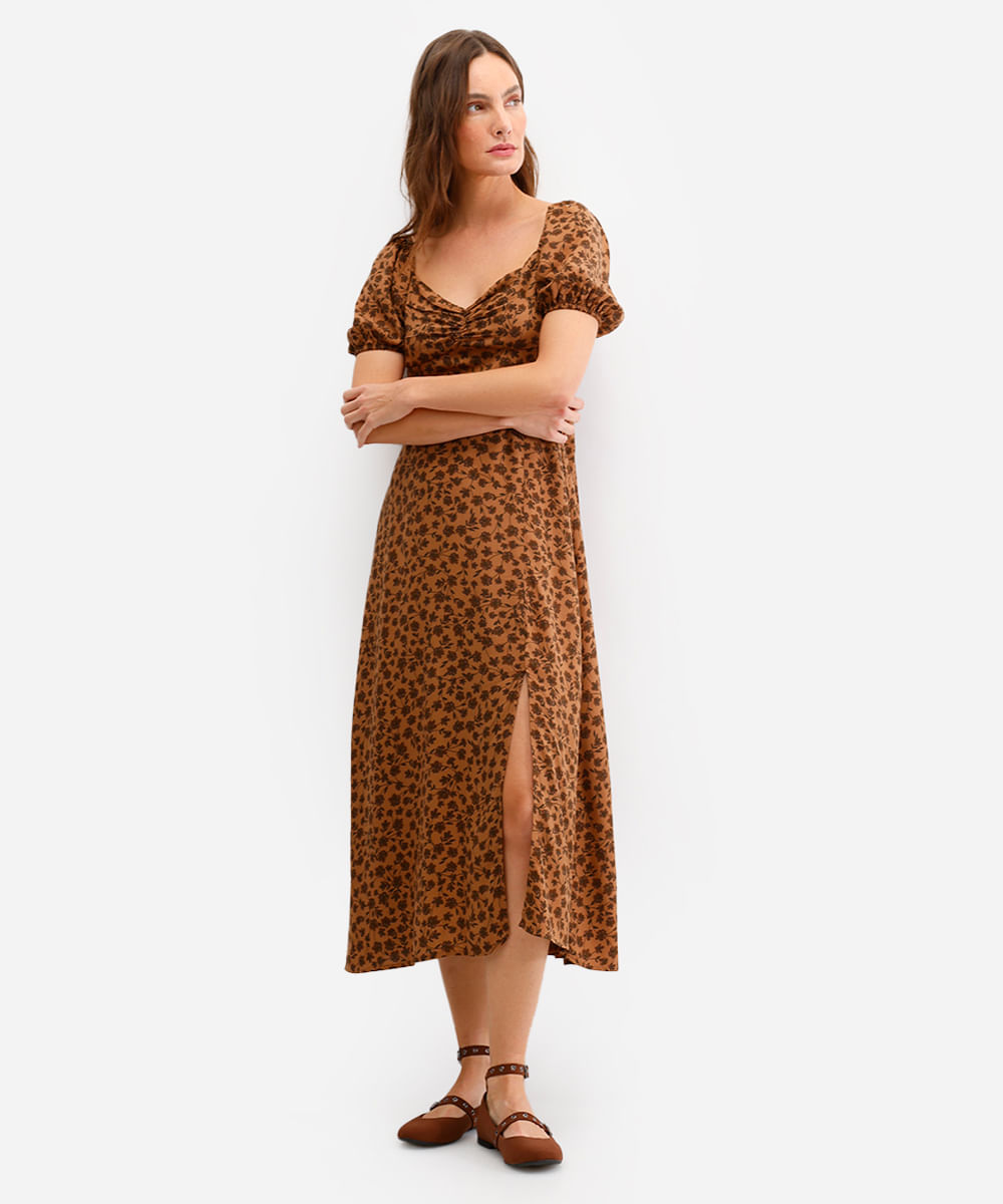 vestido midi feminino de viscose manga bufante floral marrom